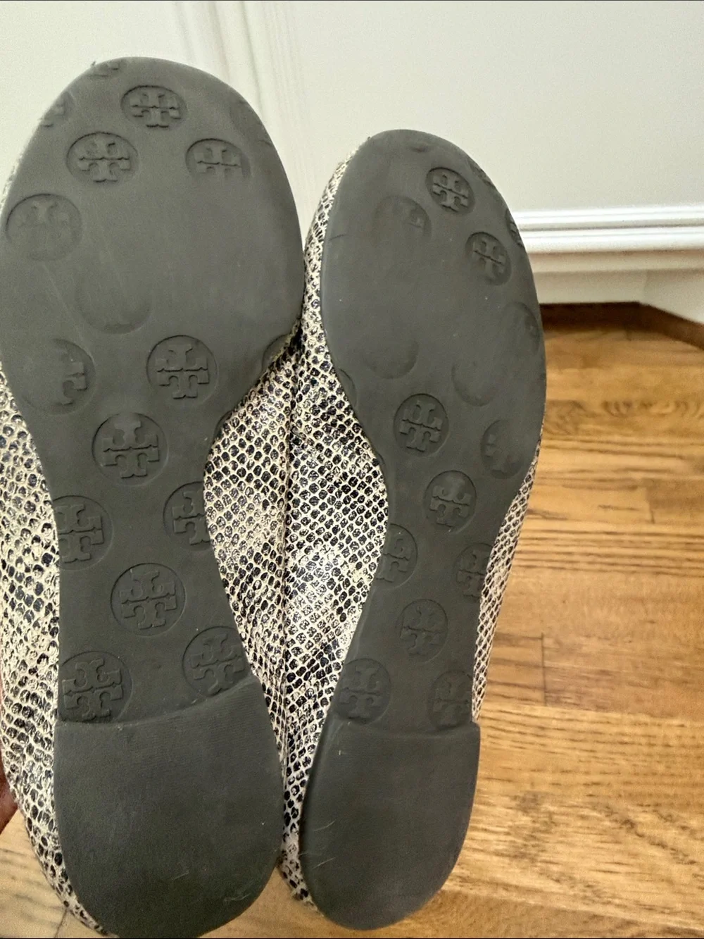 Tory Burch Snake-Embossed Reva Flats in Beige and Black Logo